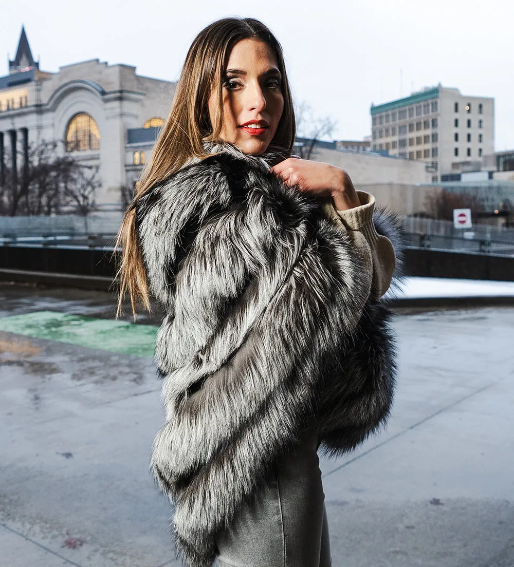 Luxurious Womens Silver Fox Fur Cape Poncho - Elegant, Cozy, and Stylish