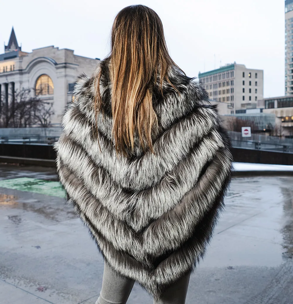 Luxurious Womens Silver Fox Fur Cape Poncho - Elegant, Cozy, and Stylish