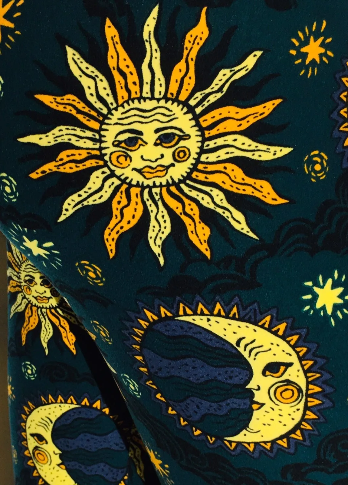 Womens Sun Moon Star Leggings, Soft Yoga Pants, Sizes 0-20, Blue/Yellow