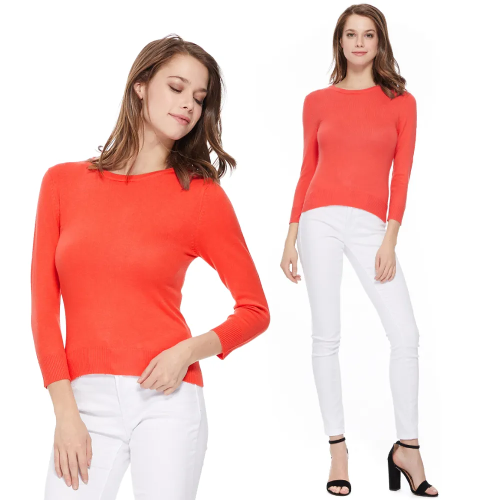 YEMAK Women's 3/4 Sleeve Crewneck Lightweight Basic Casual knit Pullover Sweater MK3636 (S-XL)